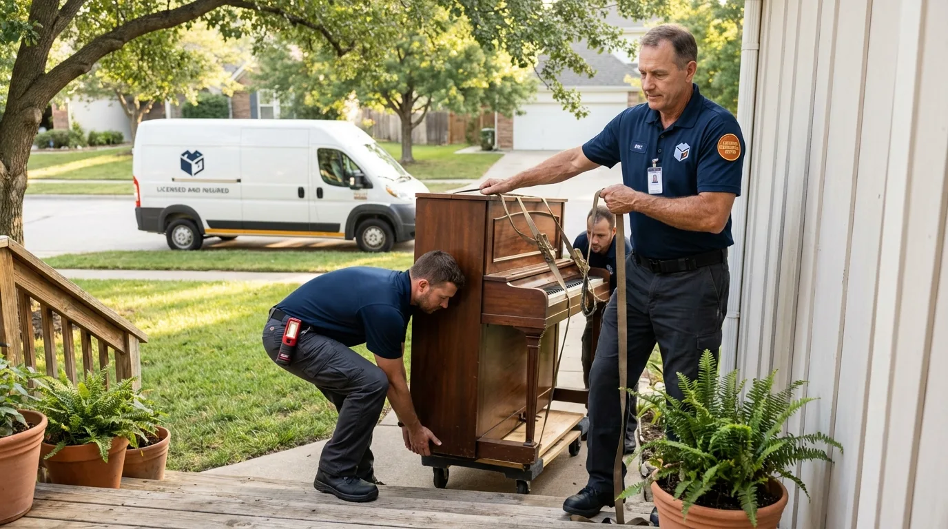 Licensed piano movers securing grand piano in Nicoma Park, OK