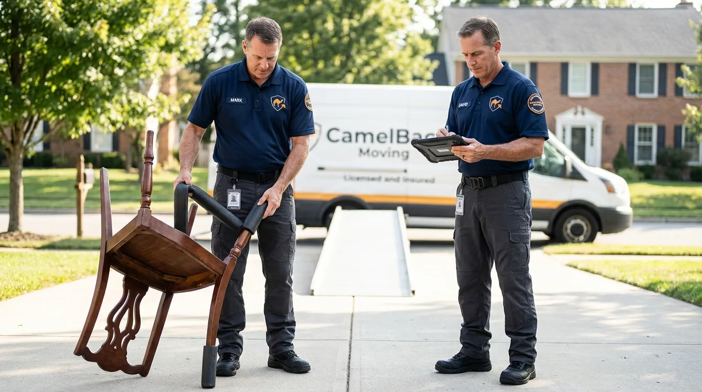 Movers inspecting furniture for damage prevention before loading in Nicoma Park, OK