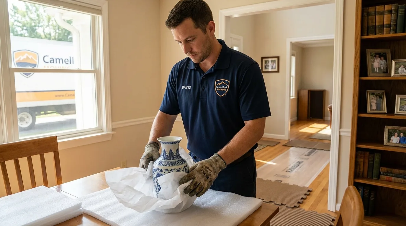 Professional crew carefully wrapping antique vase for senior downsizing move in Nicoma Park, OK